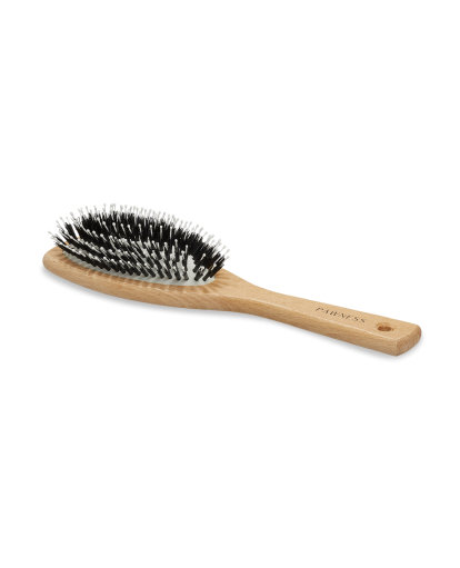 A wooden hair brush with a black and white handle, perfect for styling and detangling hair.
