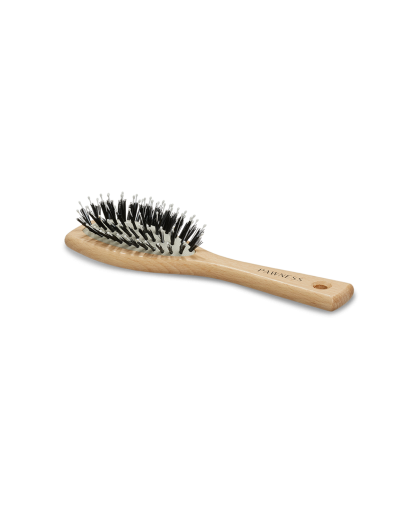 A wooden hair brush with black and white bristles, perfect for untangling and styling hair.