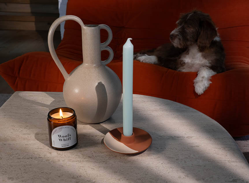 Woofs Whiff Scented Candle and dog