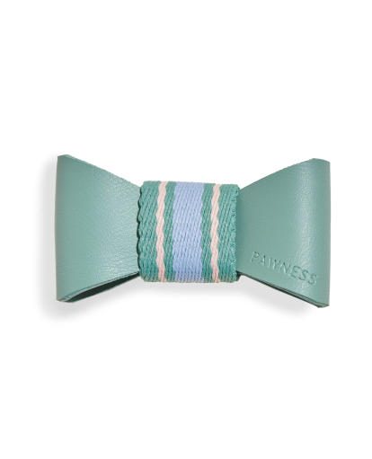 A blue and white striped bow tie on a white background.